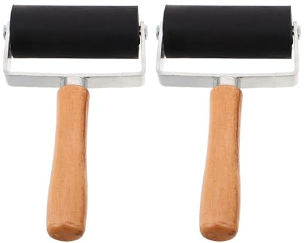 SOIMISS Rullo in Gomma per Stampa a Blocchi 7 Cm Set 2 Pezzi con Impugnatura Antiscivolo in Legno per Artigianato, Rulli di Stampa Resistenti per Inchiostrazione e Progetti
