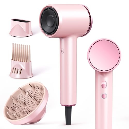 Asciugacapelli Phon Capelli con Diffusore, Phon Ionico 1600W ad Alta Velocità, 110.000 giri/min, 2 Velocità, 4 Temperature, Phon da Viaggio Leggero Silenzioso per Donna, Rosa