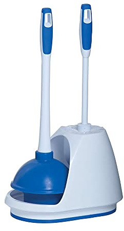Mr. Clean Toilet Plunger and Bowl Brush Combo with Caddy, 3-Piece Heavy-Duty Plunger, Toilet Brush, and Caddy Set, White/Blue