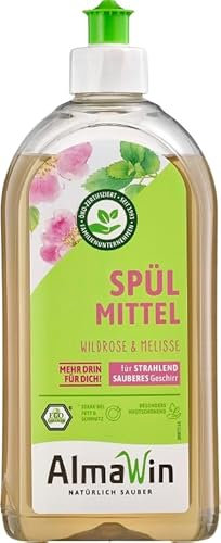 AlmaWin® Spülmittel Öko [500ml] mit Wildrose & Melisse-Duft - Kraftvolles Geschirrspülmittel flüssig mit hoher Fettlösekraft - Vegan Dish Soap - Biologisch abbaubares & ergiebiges Konzentrat