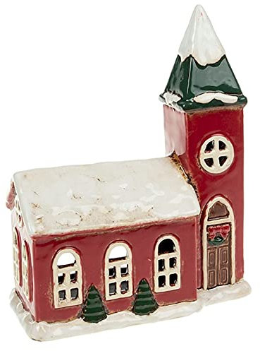 Village Pottery Snowy Christmas Church Tealight Holder, Red