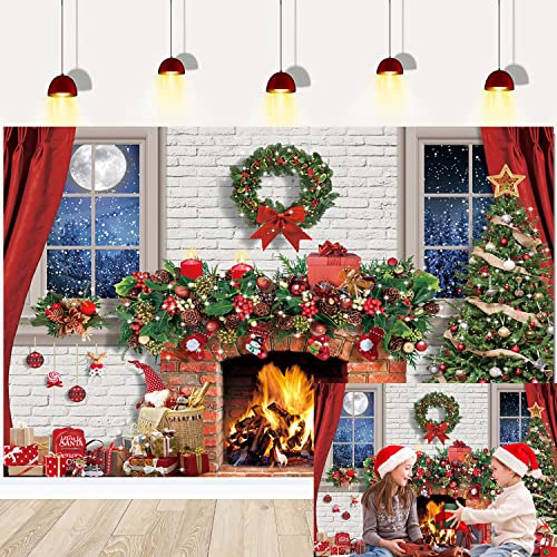 Toile de Fond sur Le thème de la cheminée de Noël - Rideau Blanc Rouge - Décoration de Sapin de Noël - Décoration de Noël - Bannière Photo - Accessoires de décoration de Studio Photo - 2,1 x 1,5 m