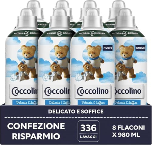 Coccolino Ammorbidente Concentrato Delicato e Soffice, Ipoallergenico e Dermatologicamente Testato, Formato Fino a 336 Lavaggi, 8 Pezzi da 980 ml