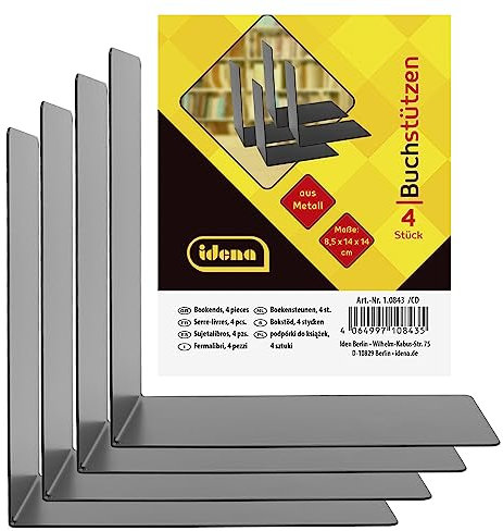 Idena 10843 Bookends Metal Black 4 Book Stands 14 x 14 x 8.5 cm Book Holder for Bookshelves