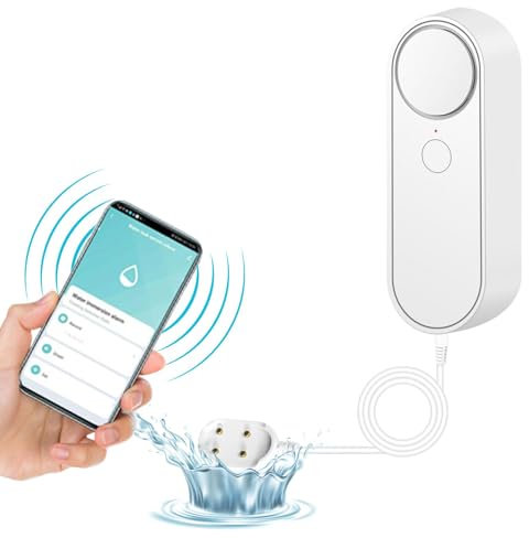 Jadeshay Deteccion de Fugas de Agua WiFi, 90dB Alarma de Fuga de Agua con 2m Cable Detector de Inundacion Dispositivo Detectora de Fugas de Agua para la Seguridad del Hogar