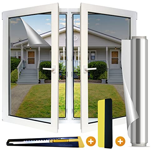 ViShawtek Película para Ventana Anti 99% UV de Privacidad, Aislamiento Película de Protección Solar Autoadhesiva para Indoor, Vinilos para Ventanas con Efecto Espejo, Hogar y Oficia, Plata 44.5*400cm