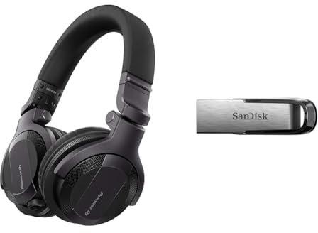 Pioneer DJ HDJ-CUE1, DJ Headphones & SanDisk 128GB Ultra Flair USB 3.0 Flash Drive, USB stick, memory stick with transfer speeds up to 150MB/s, Durable, Sleek Metal Casing, Silver/Black