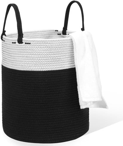 HDRNT Panier à linge tressé en coton, 50 l, avec anse, panier de rangement pour buanderie, chambre d'enfant, salle de bain, 35 x 40 cm (noir)