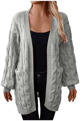 Cardigan Femme Long Tricot Torsade Leger Veste Hiver Chaud avec Poches Casual Pull Chic et Elegant Manche Longue Devant Ouvert Chandail Femme Gilet Doux et Confortable Basic uni Blouson (Grey, L)