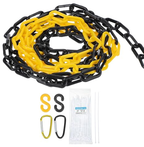sourcing map Cadena de plástico de 1,53 m, cadena de seguridad de plástico amarillo y negro, barrera de eslabones con bridas de cremallera, hebilla y ganchos en S para control de multitudes, línea de