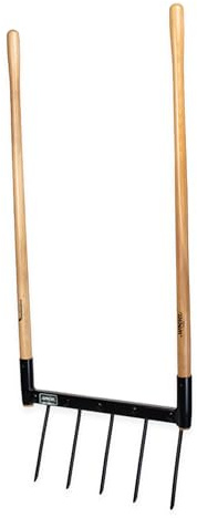 De Woeler DW5 Broadfork Fourche à creuser avec 5 dents en acier inoxydable (45 cm), manche ergonomique en bois FSC, pour aérer le sol et l'entretien des parterres, outil de jardinage robuste pour sol