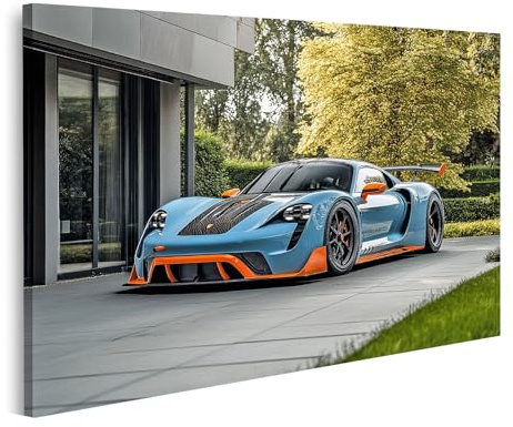 islandburner Cuadro sobre lienzo de coche deportivo azul con detalles en naranja en un entorno elegante para salón, amantes de los coches, concesionario de coches, cuadros murales de pared póster