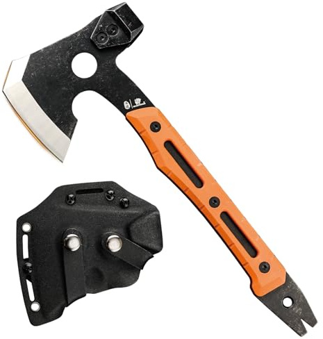 HX OUTDOORS Hacha de Partido Multifuncional, Hacha Táctica de Supervivencia y Campismo de Tanga Completa，Hachas de Mano para Campismo y Bushcraft con Martillo y Sacacorchos (Naranja)