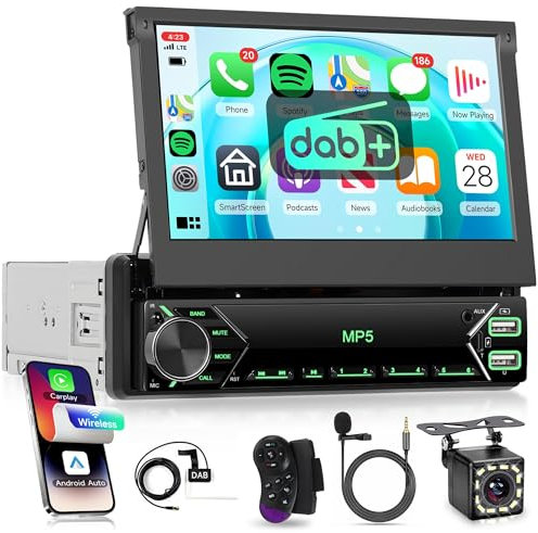 DAB+/DAB Single Din Car Stereo with Wireless CarPlay Android Auto, Rimoody 7'' Electric Flip Out Touch Screen Car Radio 1 Din with Bluetooth FM Radio Rear View Camera