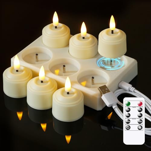 Bryxidor Rechargeable Tea Light 6pcs Timer Remote LED Candles with Charging Station, 4cm x 5.5cm Ivory Flameless Plastic Small Votive Flickering Fake Tealight Candles for Centerpiece Decor