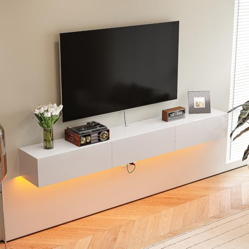 FloatiCasa Floating TV Unit with Doors, Wall Mount TV Stand Cabinet,High Gloss Media Wall Unit,Under TV Console,Entertainment Shelf with Storage for Living Room,Bedroom,140cm White