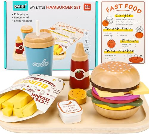 Barnkök lekkök tillbehör av trä, lekkökstillbehör hamburgare snabbmatuppsättning, köksleksak trä livsmedel leksak med tysk menmeny, julklapp för pojkar flickor