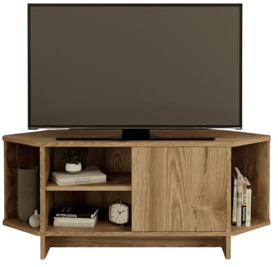 Bimossa Teo Corner 113 cm TV Stand, Space-Saving TV Unit for 50'' TVs, Compact Media Console with Open Shelves & Cabinet, Ready to Assemble, (Walnut Colour)