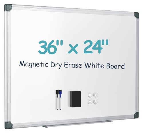 Paporia 36x24 White Board for Wall, Aluminum Frame Dry Erase Board, Hanging Magnetic Whiteboard with 1 Eraser & 2 Markers & 4 Magnets for Home, School, Office, Dorm Room, Classroom