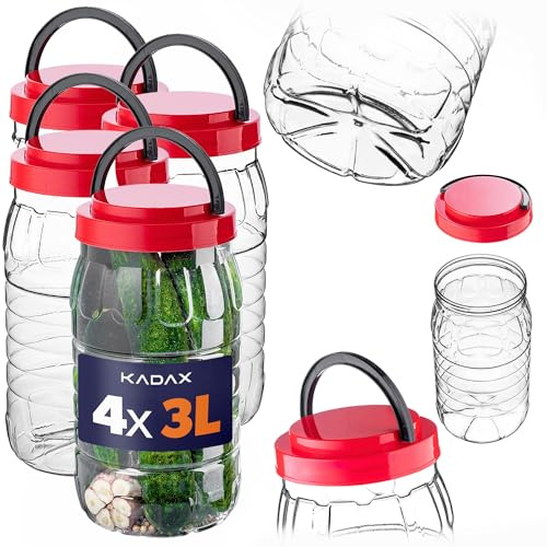 KADAX Tarros de almacenamiento de 3 L con tapa en juego de 4 unidades, tarros de plástico, tarros de almacenamiento, recipientes de almacenamiento para alimentos, recipientes de plástico, latas de