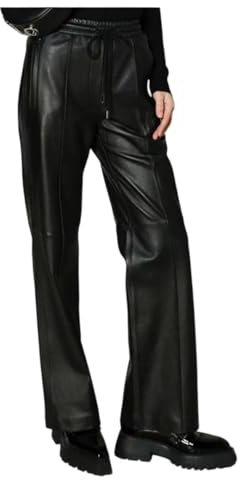 Women European Thin Belt Matt Smoke Pipe Wide Leg Trousers Elastic Waist Leather Pants Black XL