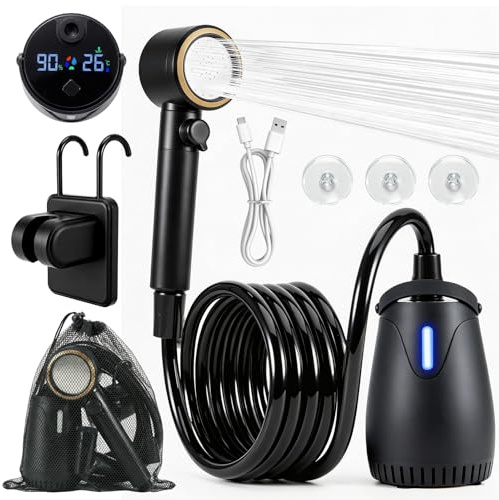 tlidfgeo Campingdusche Tragbare, 8000mAh Camping Dusche mit Pumpe, Outdoor Mobile Dusche mit Smart Display Duschkopf und Schlauch für Camping Garten Auto Reisen Haustier