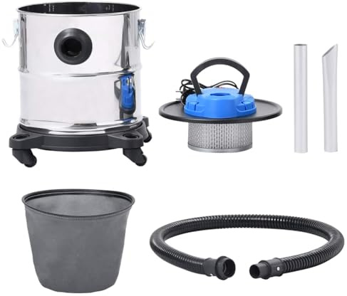Teenpull Aspiratore per cenere in acciaio inox, 1200 W, 20 l, con filtro HEPA, tubo flessibile in metallo, funzione soffiaggio, mobile con ruote, adatto per camini e pulizia auto