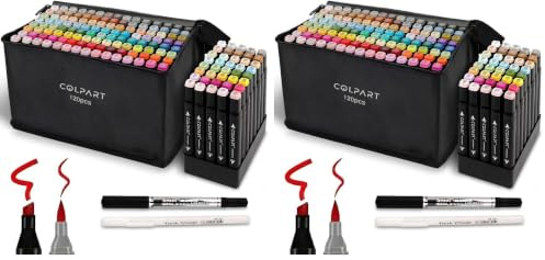 colpart 120+2 Colours Alcohol Markers， Brush Tip Set Permanent for Drawing，Sketching，Manga,&Design Painting, Dual Tip Brush & Chisel Art Marker Pens， Colouring Painting for Adults (Pack of 2)