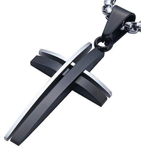 DonDon Collier homme en acier inoxydable 52 cm avec pendentif en forme de croix en acier inoxydable bicouleur et pochette en velours noir