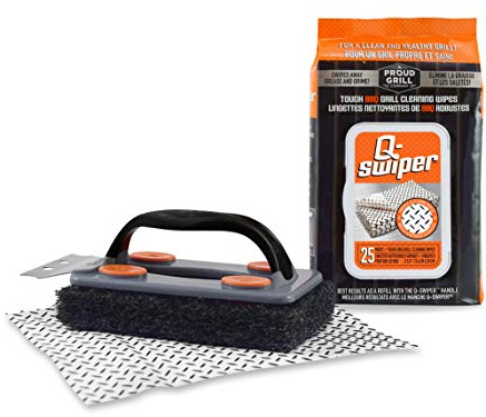 Proud Grill Q-Swiper BBQ Grill Cleaner Set - 1 Grill Brush with Scraper and 25 BBQ Grill Cleaning Wipes, Bristle-Free & Wire-Less, Safe Way to Remove Grease and Grime for A Clean and Healthy Grill