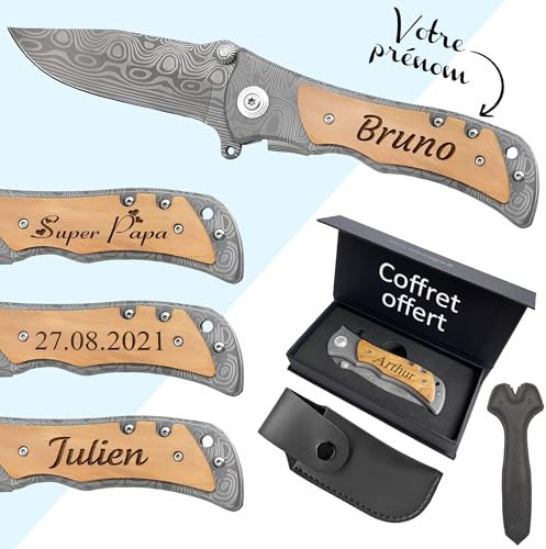 KDO MAGIC - Couteau de survie personnalisé - Prénom gravé - Deux modèles de couteau - Manche en bois personnalisable - Lame de sécurité - Idée cadeau homme, fête des pères, papa (Lame gravée)