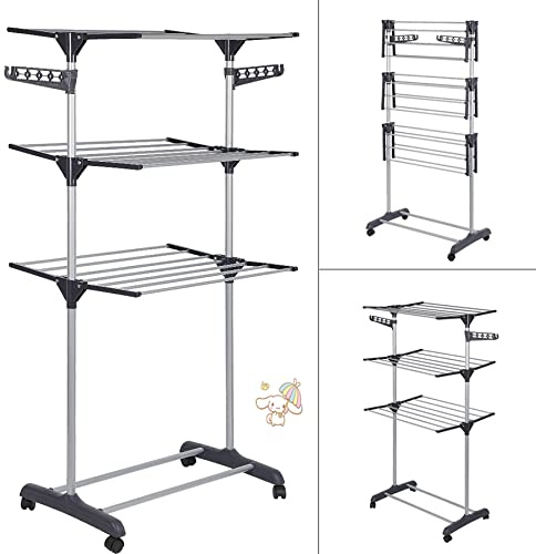Etendoir à Linge Pliable Séchoir à vêtements Mobile Grand Séchoir à Linge Pliable à 3 Niveaux Peu encombrant Séchoir à Linge Séchoir à vêtements Tower Sèche Linge Gros avec Ailes (72*56*152cm gris)