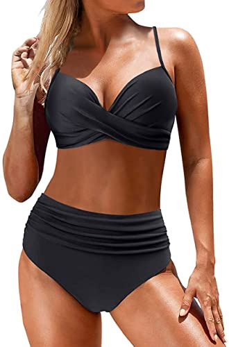 CheChury Cintura Alta Conjuntos de Bikinis para Mujer Sexy Push Up Halter Bikini Traje de baño Retro Flores Estampado de Fruncido Bikinis Brasileños de Dos Piezas