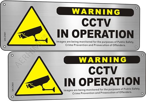 2 Pack Brushed Aluminium CCTV Sign 3.5x9.8 Inches, Self Adhesive CCTV in Operation Sign CCTV Signs Indoor Security Camera Signs Outdoor, UV Resistant, Waterproof, Anti-rust, With 4 Drilling