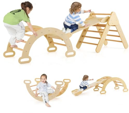 Costzon Climbing Toys for Toddlers, 5 in 1 Foldable Montessori Wooden Arch Climber Ladder with Sliding Ramp, Multi-Combination Methods, Kids Triangle Climber Play Gym Set for Boys Girls Present