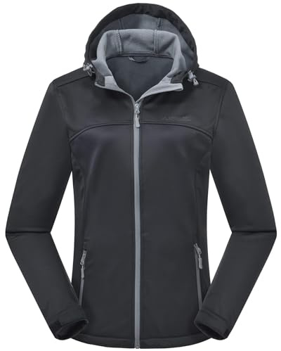 ATLASLAVA Damen Softshelljacke Wasserdichte Atmungsaktive Leichte Fleece Kapuze Übergangsjacke Laufen Wanderjacke BLACK XXL