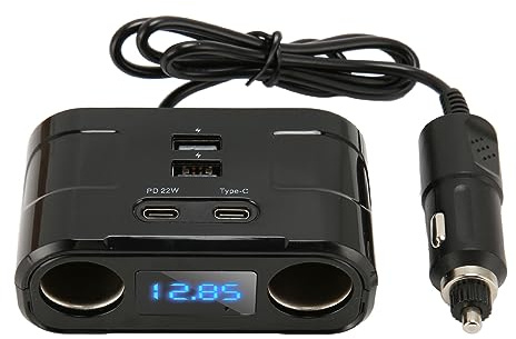 Fockety Adaptateur Allume-Cigarette, 12V-24V Adaptateur répartiteur Allume-Cigarette Voiture avec 2 Prises Allume-Cigarette, 2 Ports de Type C, 2 Ports USB, pour téléphones tablettes