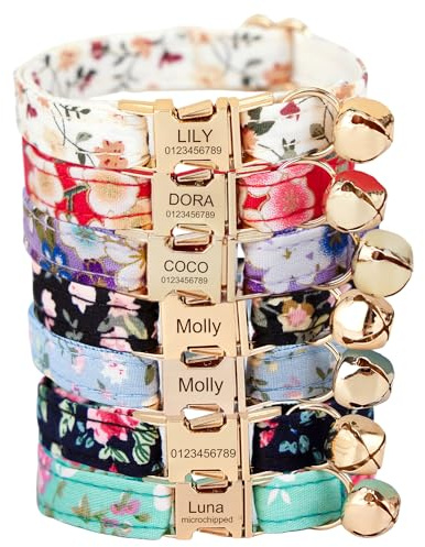 Collier pour chat personnalisé avec nom et numéro de téléphone gravés - Colliers pour chatons personnalisables pour filles (Collier fleuri)