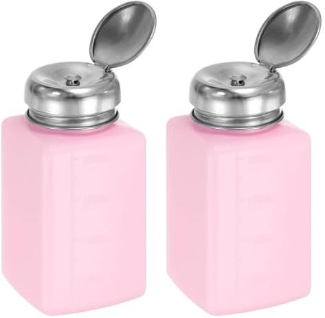HARFINGTON 2pcs Solvent Alcohol Dispenser 200ml(6.7oz) Push Down Liquid Dispenser Pump Bottle with Sealing Stainless Steel Lid for Acetone Cleanser Polish Remover, Pink