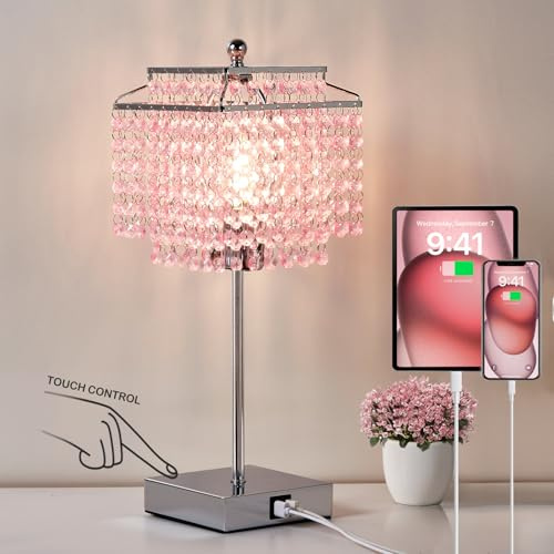GyroVu Kristalllampa med USB-C+A-portar, dimbar bord för sovrum, vardagsrum eller rosa nattduksbord för flickor