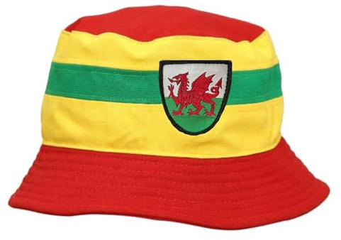 Beyond Happy Wales Bucket Hat - Traditional Welsh Dragon Red Yellow Green Heavy Duty Sun Hat - (Cotton, Unisex Design Football & Rugby Support) (Cotton Blend, Kids Size)