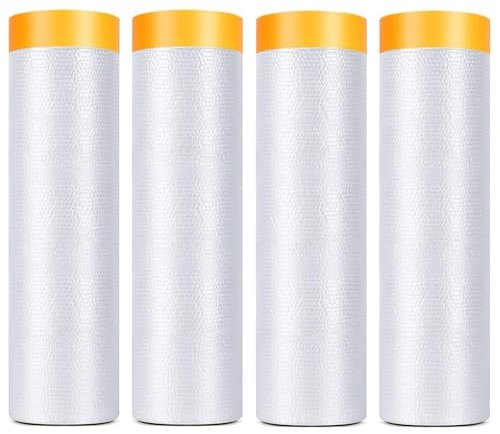 LATERN 4 Rollen Abdeckfolie mit Klebeband, 2,4m x 20m PE Transparente Abdeckfolienrollen Selbstklebende Farbe Staubschutzfolie für Möbel Auto Boden Wand Malerei Dekoration Abdeckung