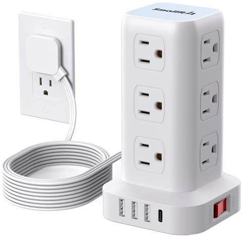 Extension Cord with Multiple Outlets, SMALLRT Flat Plug Surge Protector Power Strip Tower with USB 12 AC Outlets, 6.5FT Ultra Thin Extension Cord Outlet Extender for Home Office, Overload Protection