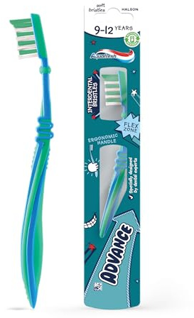 Aquafresh Advance Kids Toothbrush, Soft, Ages 9-12, Plastic Free | Kids toothbrush, ages 9-12, soft bristles, flex zone, plaque removal, plastic-free cardboard packaging, fully recyclable