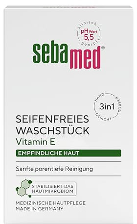 Sebamed seifenfreies Waschstück 150 g, mit Vitamin E, für die tägliche sanfte, porentiefe Reinigung empfindlicher Haut, zur Hand-, Gesichts- und Körperreinigung geeignet