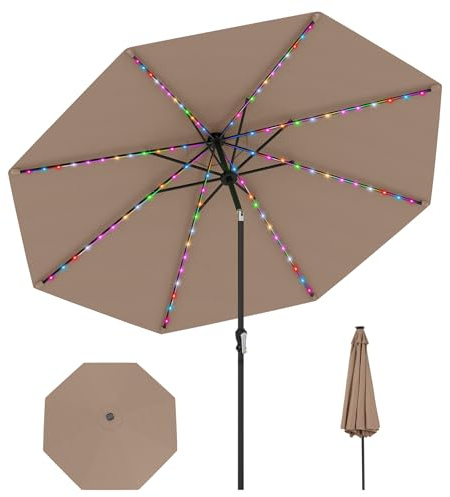 COSTWAY Ombrellone da Esterno 288 cm, con 96 Luci LED, Ombrellone Giardino con Inclinazione Regolabile, Manovella, 8 Stecche e Top Ventilato, Parasole da Mercato per Giardino Spiaggia (Marrone)
