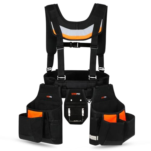 WISEPRO Bretelle per cintura degli attrezzi – livello sintetico resistente, con 15 tasche regolabili, borsa degli attrezzi rimovibile, per falegnami, artigiani ed elettricisti