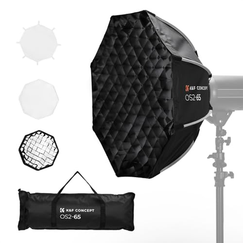 K&F CONCEPT Softbox parabolico a smontaggio rapido, 65 cm Softbox ottagonale con griglia a nido d'ape+diffusore + borsa per il trasporto, Softbox ottagonale Ombrello da montaggio Bowens staccabile