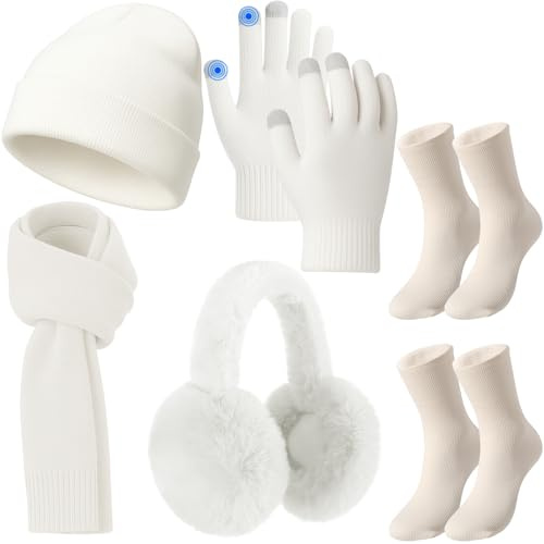 Geyoga 6 Pcs Women Winter Beanie Hat Scarf Gloves Ear Muffs Fuzzy Socks Set, Touchscreen Gloves for Thermal Gift Cold Weather(White,Classic Style)