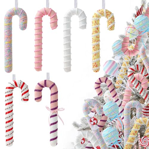6 Pcs Large Christmas Tree Ornaments 13’’ Xmas Candy Cane Lollipop Foam Hanging Ornament Pink Yellow Christmas Tree Pendants for Xmas Birthday Party Wedding Indoor Holiday Home Decorations